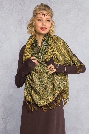 Кашемировый тонкий шарф с этно орнаментом в стиле пейсли