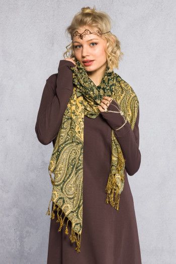 Кашемировый тонкий шарф с этно орнаментом в стиле пейсли